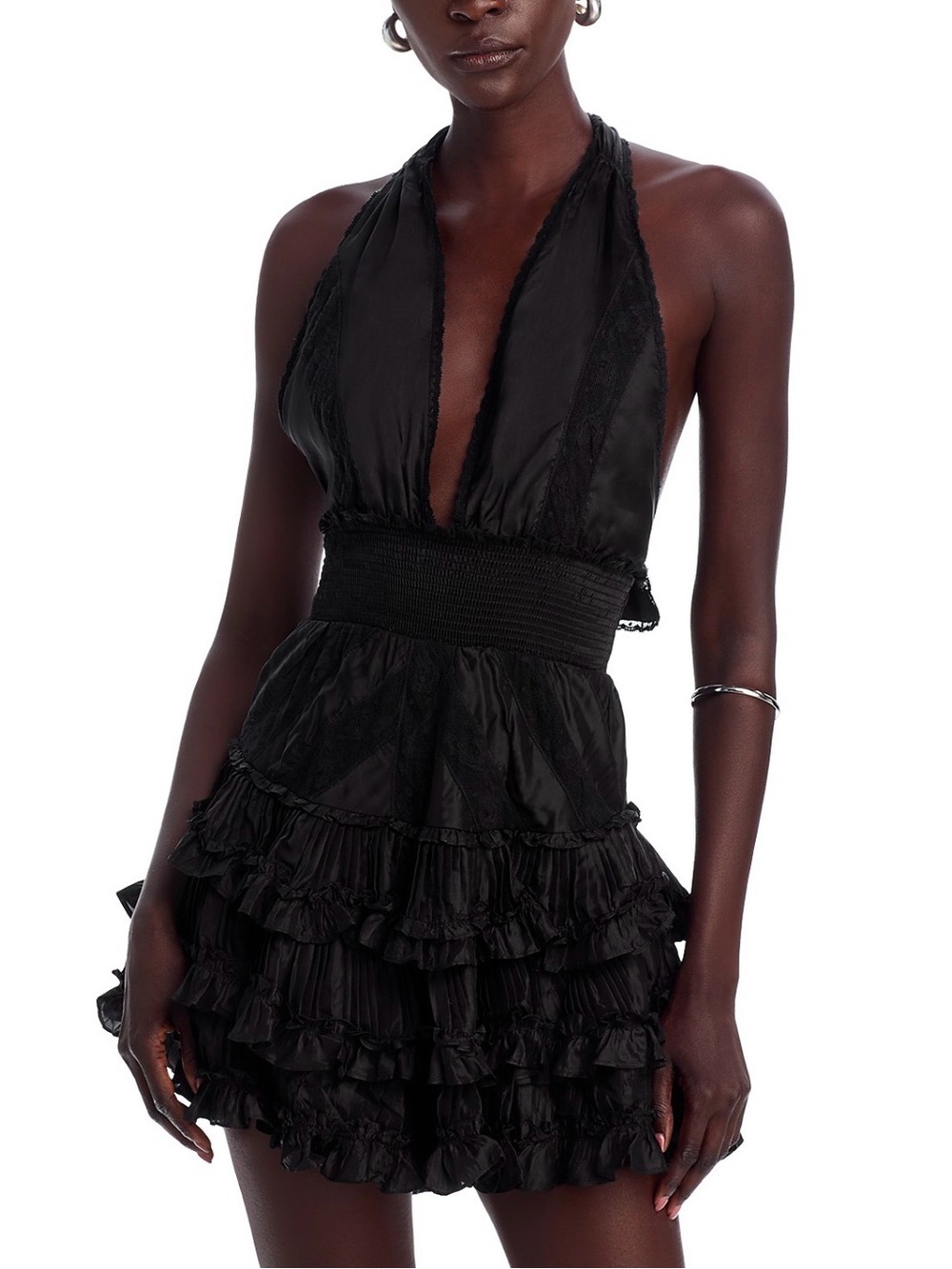 LoveShackFancy Black Halter Ruffle Mini Dress